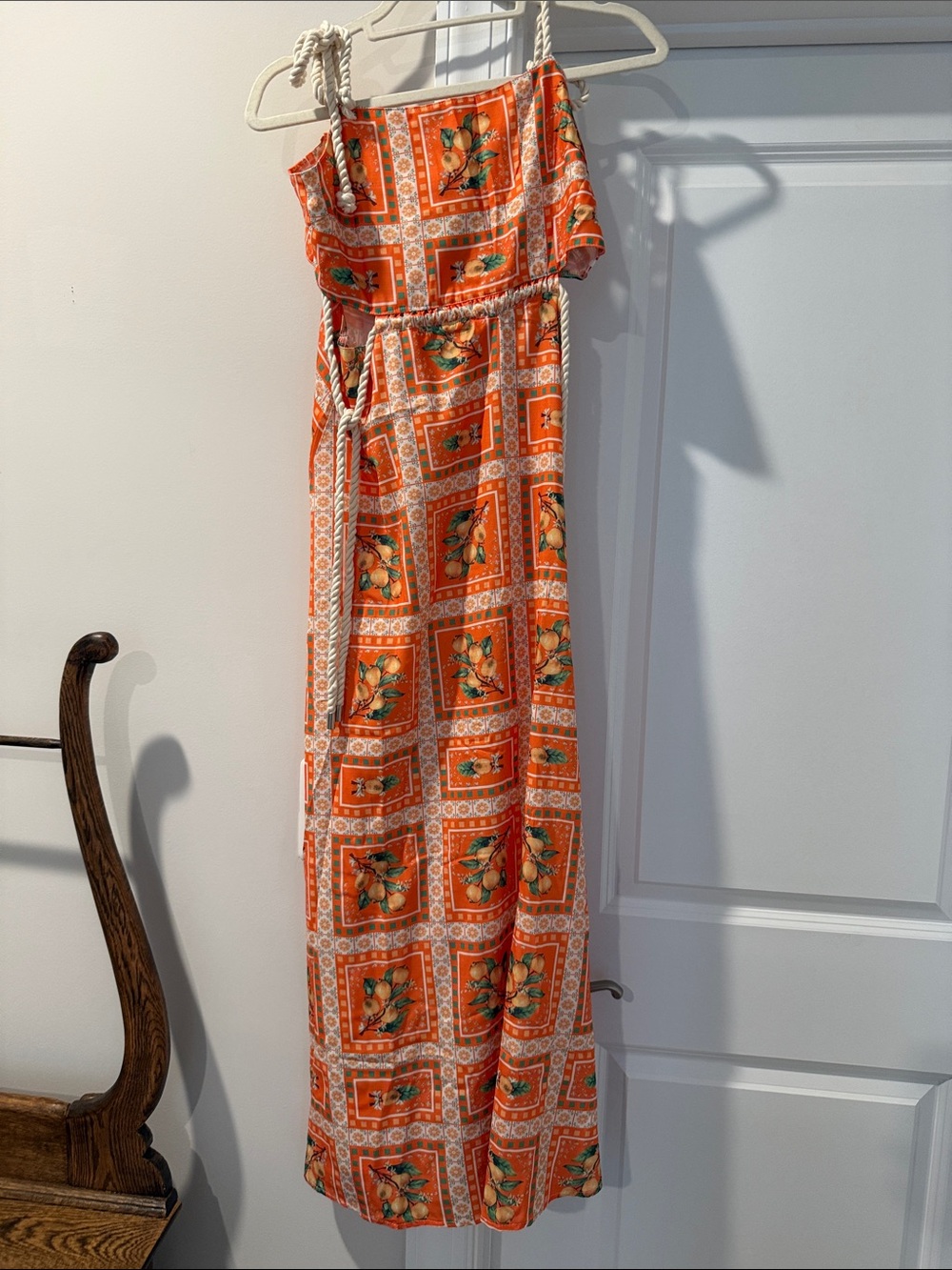 Women's Orange Floral Print Maxi Dress with Rope Tie